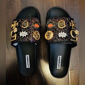Cape Robbin Black Slides with Multicolor Glitter and Gold Accents